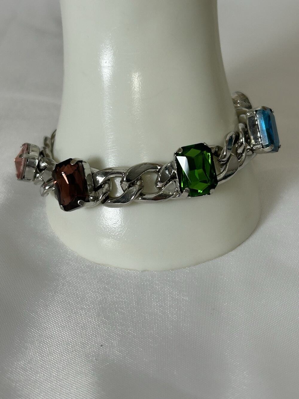 Lovely Silver Tone Crystal Cuban Chain Bracelet. Measures 8” With 2” Ext